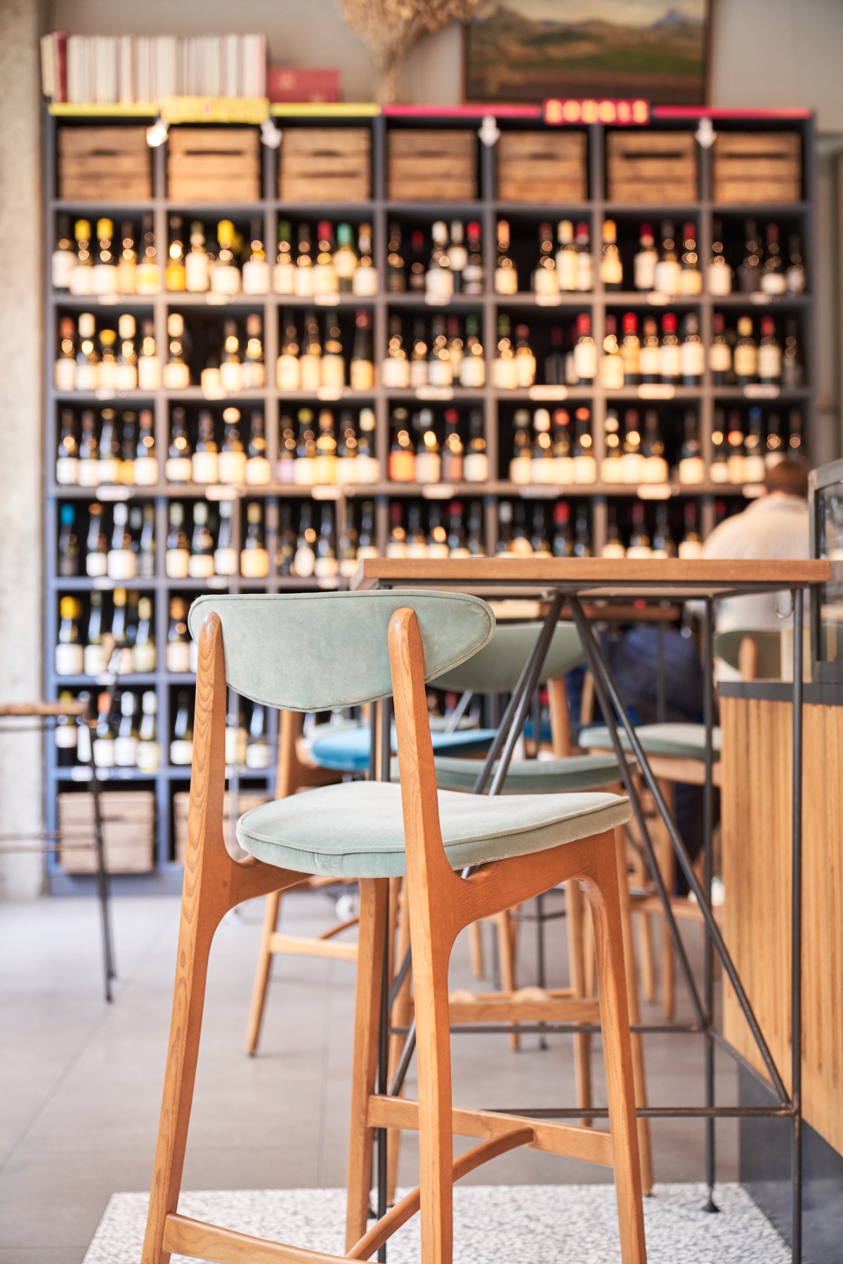Etiquette bar stool and wine shelving