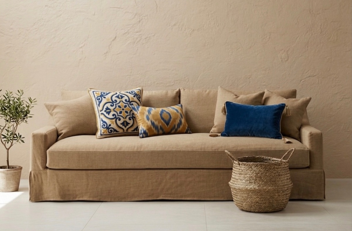 Linen sofa with patterned cushions