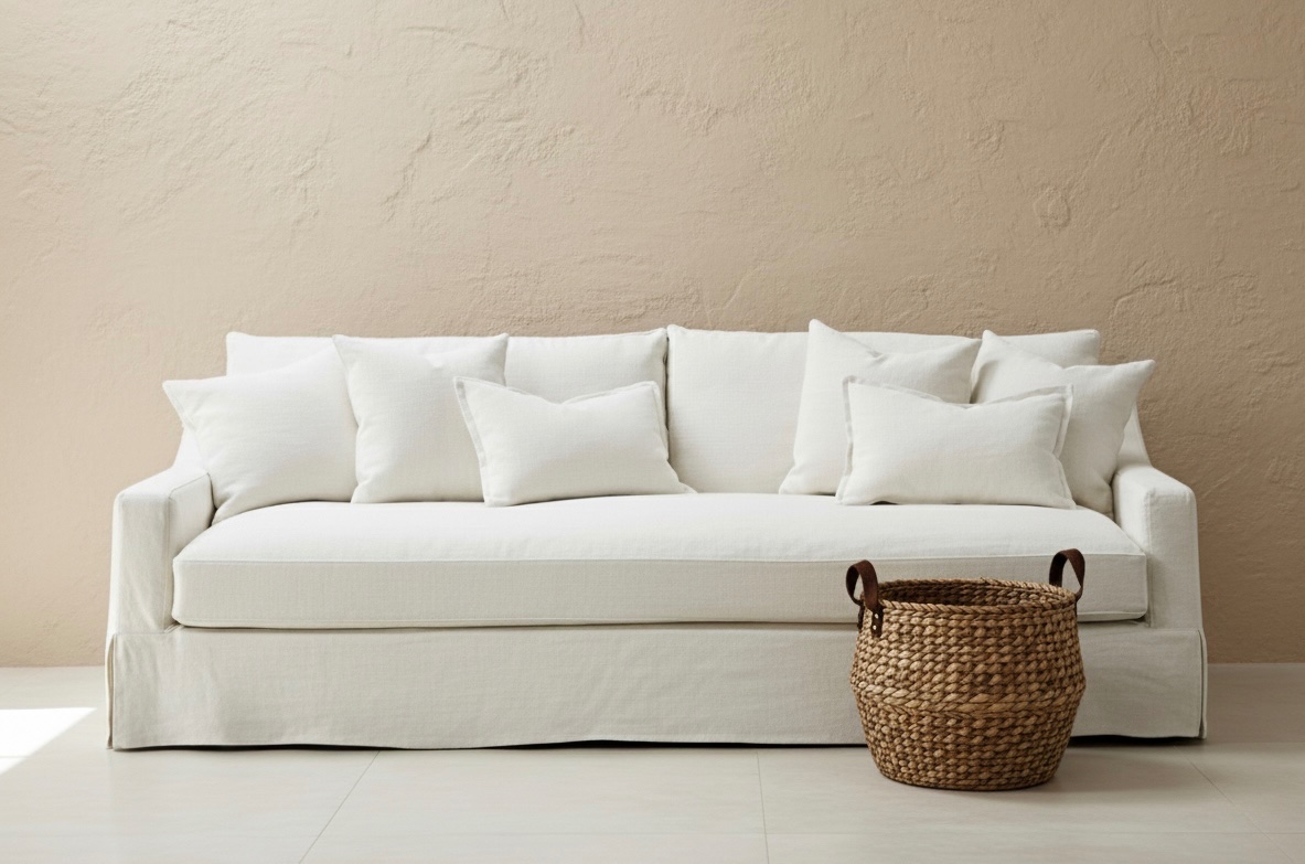 White linen sofa with loose covers