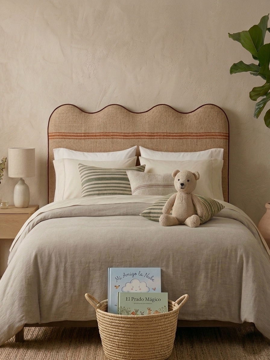 Upholstered headboard in striped linen