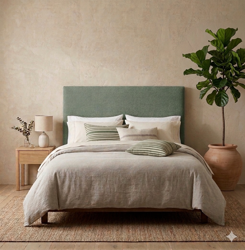 Bed with green upholstered headboard