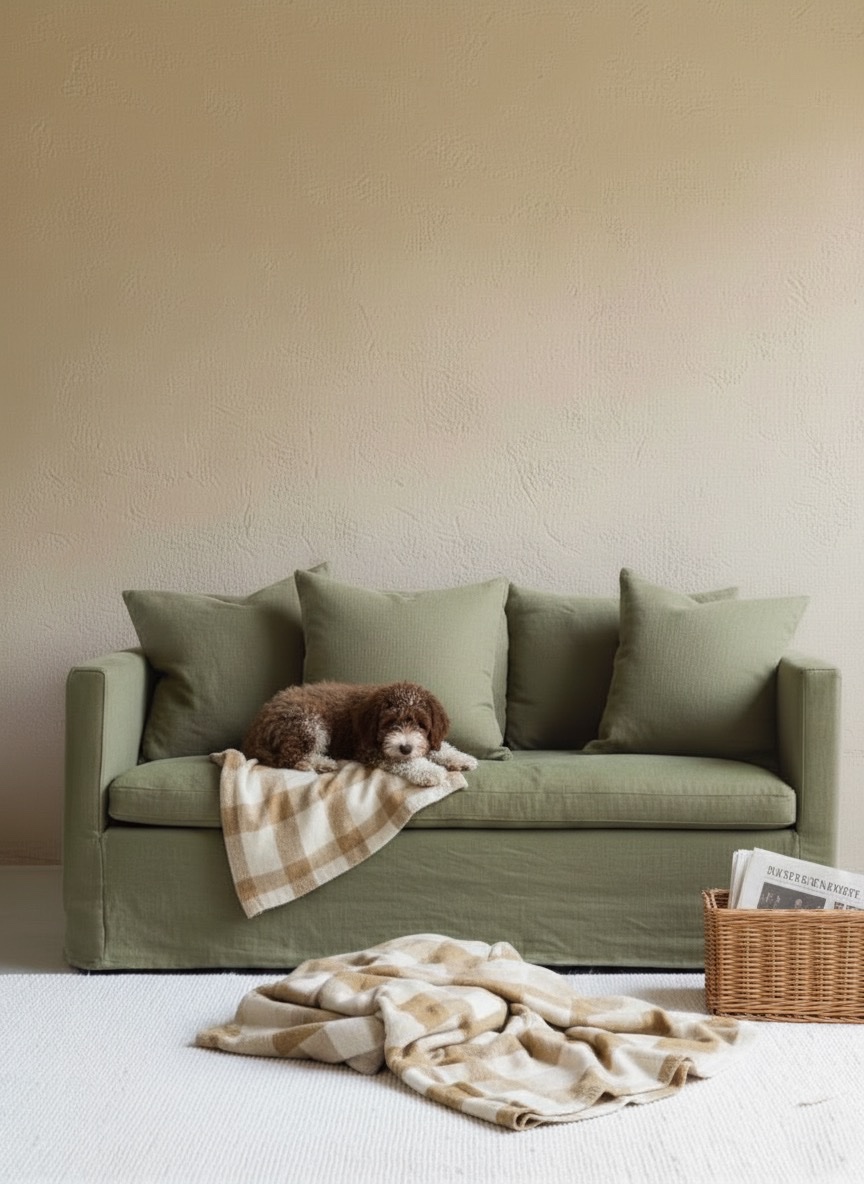 Sage linen sofa with loose covers