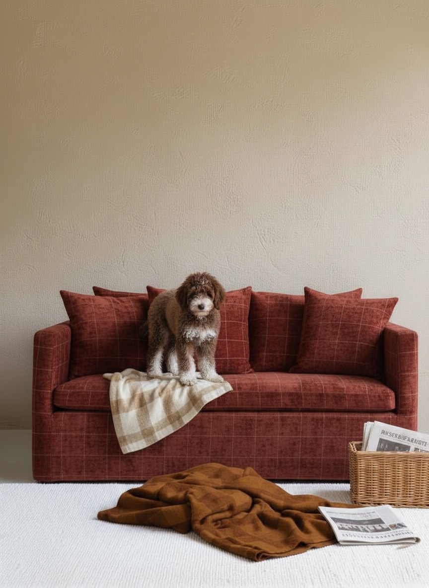 Sofa in red checked chenille