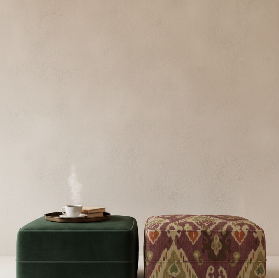 Velvet and ikat upholstered poufs