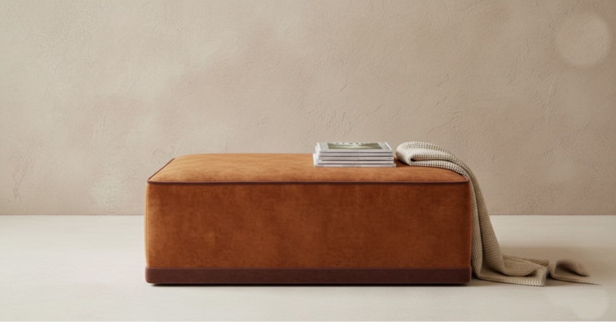 Ottoman in rust velvet with leather trim